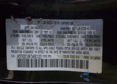 2015 Mazda Cx-9 Touring from USA, damaged, VIN JM3TB3CV6F0450123